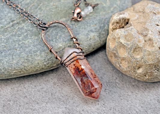 Lepidocrocite Crystal and Copper Necklace, Double Terminated Red Stone Pendant