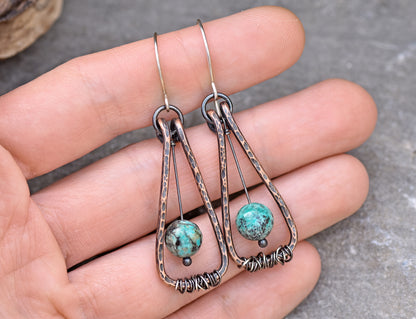 African Turquoise Jasper Earrings, Blue Green Gemstone Jewelry Copper, Rustic Mixed Metal Dangles, Unique Artisan