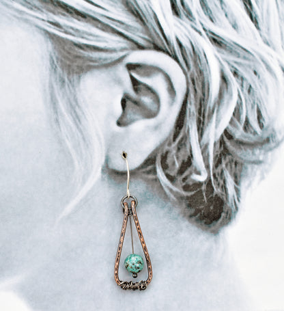 African Turquoise Jasper Earrings, Blue Green Gemstone Jewelry Copper, Rustic Mixed Metal Dangles, Unique Artisan