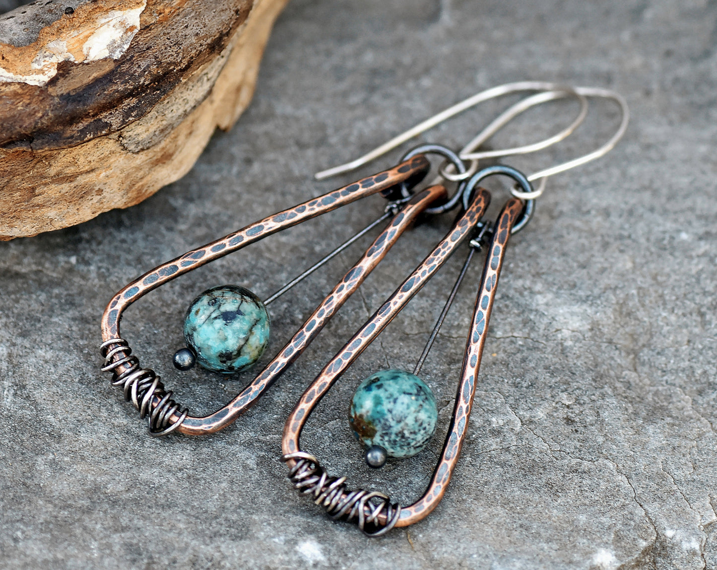 African Turquoise Jasper Earrings, Blue Green Gemstone Jewelry Copper, Rustic Mixed Metal Dangles, Unique Artisan