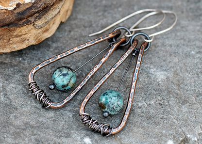 African Turquoise Jasper Earrings, Blue Green Gemstone Jewelry Copper, Rustic Mixed Metal Dangles, Unique Artisan