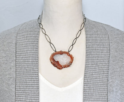 Agate Slice and Sterling Silver Prong-Set Necklace, Orange and White Stone with Handmade Chain