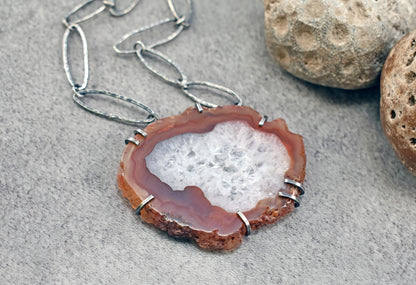 Agate Slice and Sterling Silver Prong-Set Necklace, Orange and White Stone with Handmade Chain