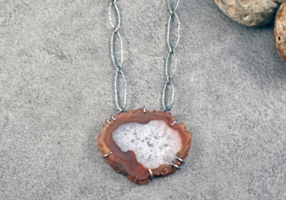 Agate Slice and Sterling Silver Prong-Set Necklace, Orange and White Stone with Handmade Chain