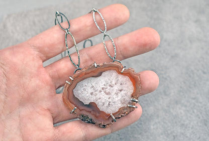 Agate Slice and Sterling Silver Prong-Set Necklace, Orange and White Stone with Handmade Chain