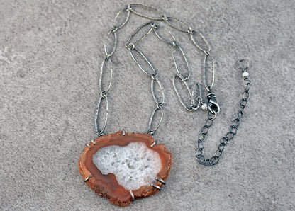 Agate Slice and Sterling Silver Prong-Set Necklace, Orange and White Stone with Handmade Chain