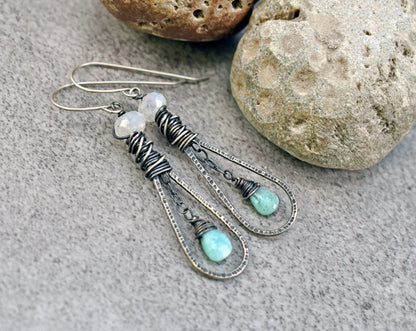 Moonstone Amazonite Sterling Silver Earrings, Light Blue White Gemstone Dangles, Rustic Artisan Wire Teardrop Jewelry Handmade