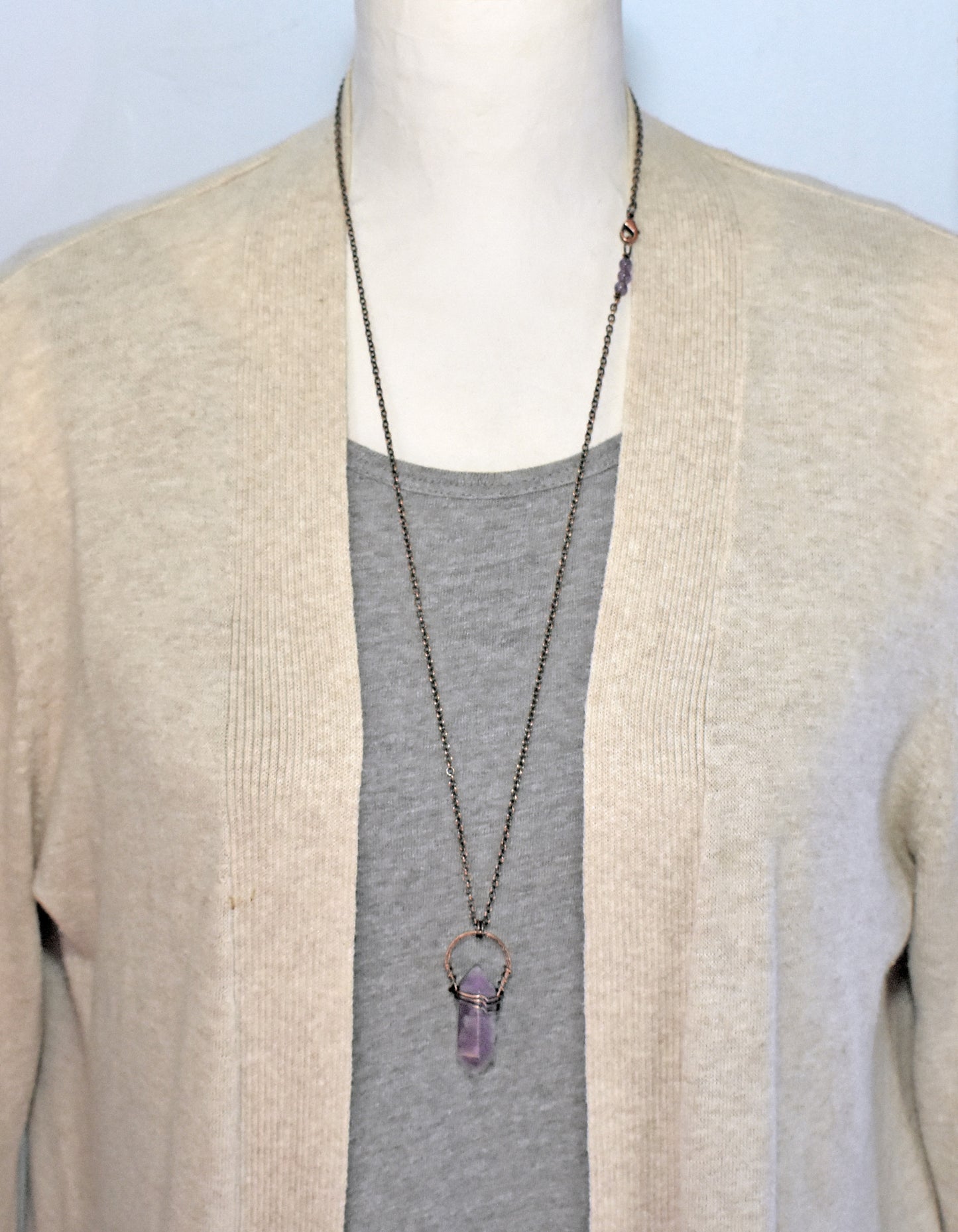 Double Terminated Amethyst Point Necklace, Rustic Artisan Copper Jewelry