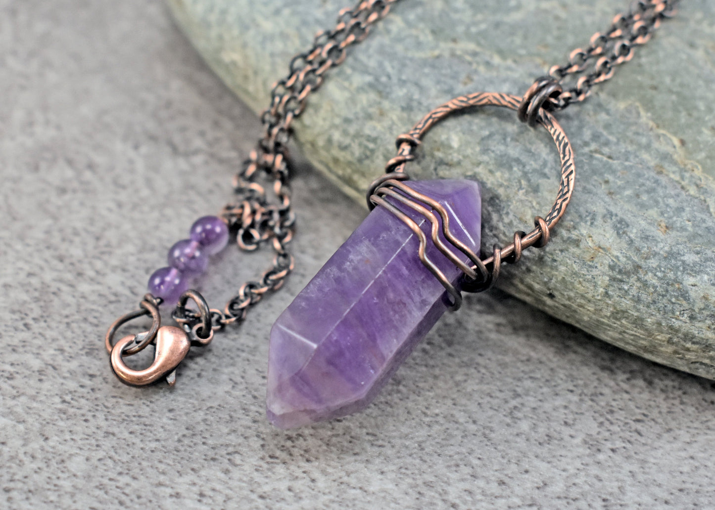 Double Terminated Amethyst Point Necklace, Rustic Artisan Copper Jewelry