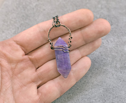 Double Terminated Amethyst Point Necklace, Rustic Artisan Copper Jewelry