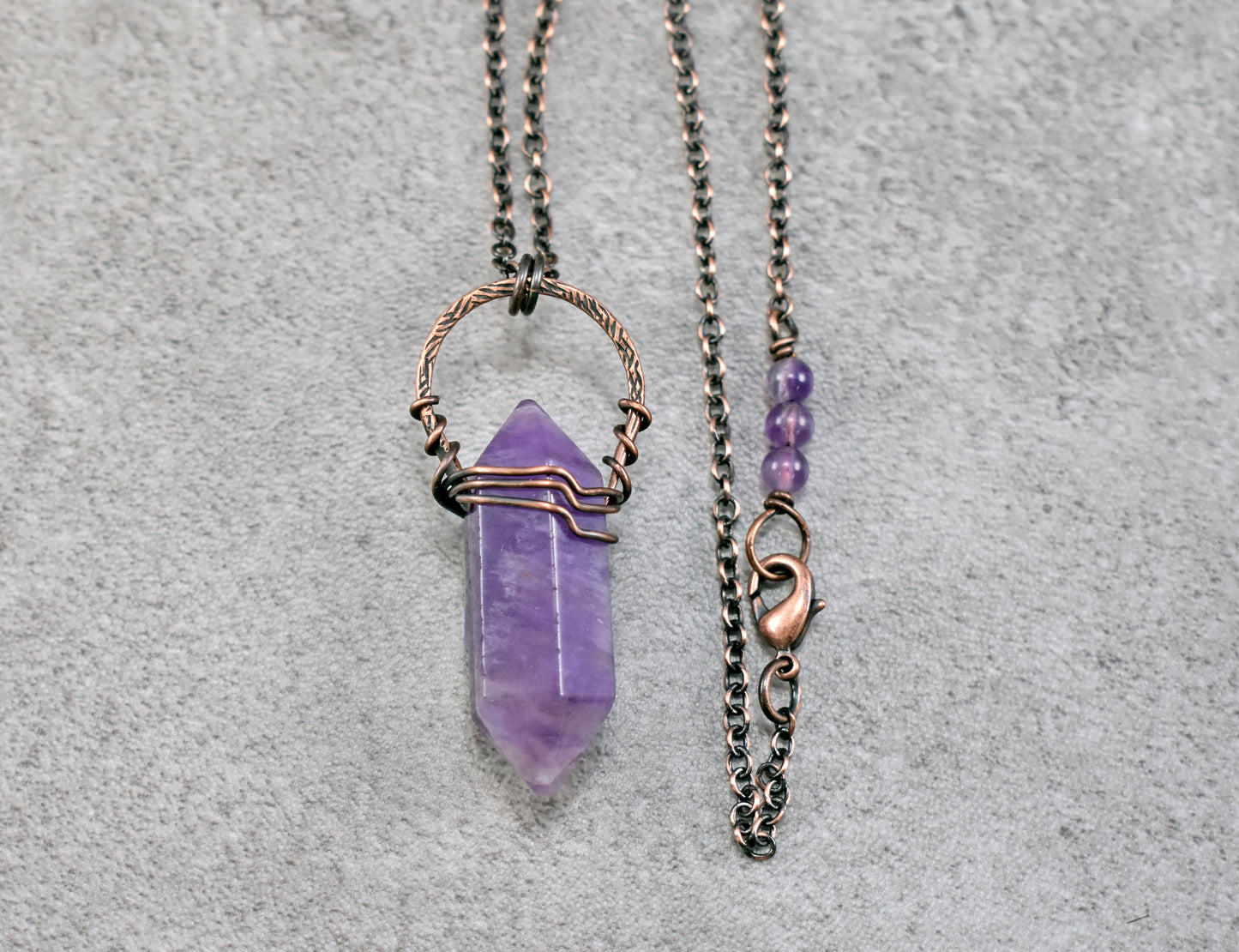 Double Terminated Amethyst Point Necklace, Rustic Artisan Copper Jewelry