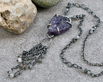 Raw Amethyst and Sterling Silver Prong Necklace, Artisan Purple Stone Pendant with Long Chain