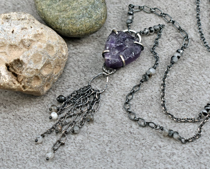 Raw Amethyst and Sterling Silver Prong Necklace, Artisan Purple Stone Pendant with Long Chain