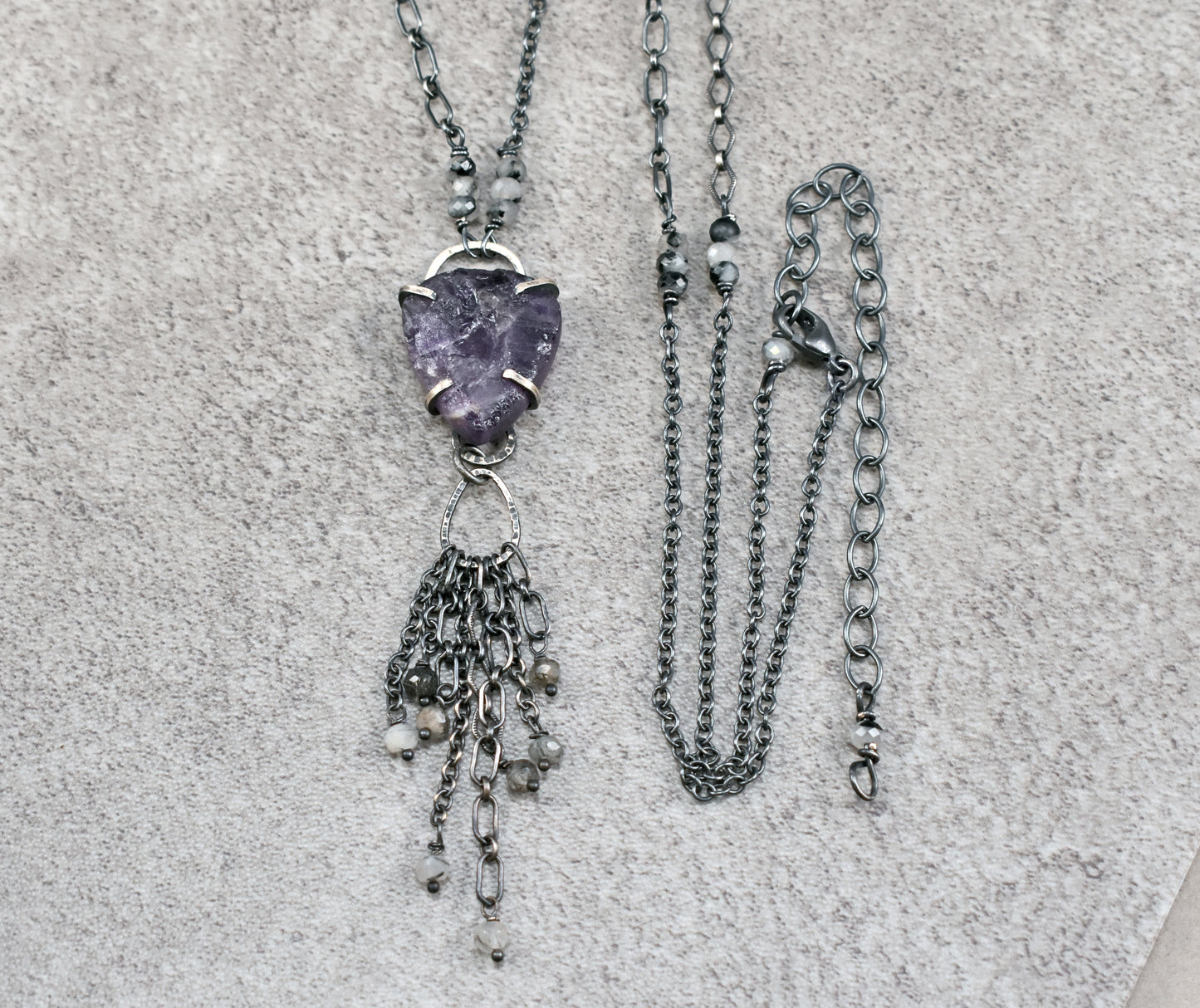 Raw Amethyst and Sterling Silver Prong Necklace, Artisan Purple Stone Pendant with Long Chain