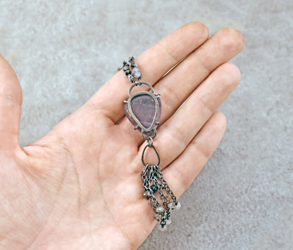 Raw Amethyst and Sterling Silver Prong Necklace, Artisan Purple Stone Pendant with Long Chain