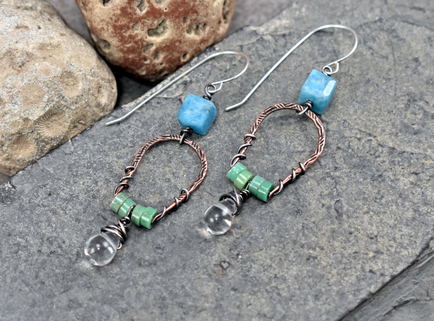 Apatite, Chrysoprase, Quartz Teardrop and Mixed Metal Dangle Earrings