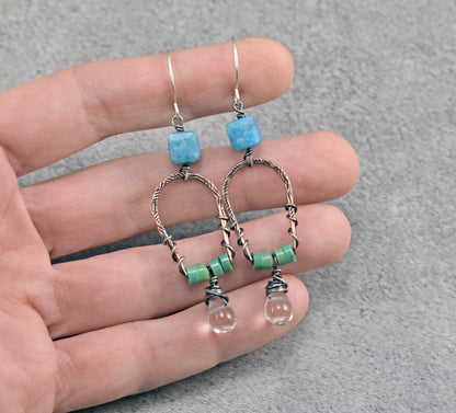 Apatite, Chrysoprase, Quartz Teardrop and Mixed Metal Dangle Earrings