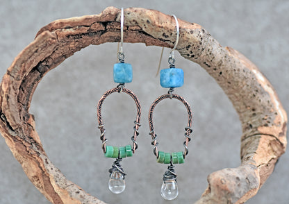 Apatite, Chrysoprase, Quartz Teardrop and Mixed Metal Dangle Earrings