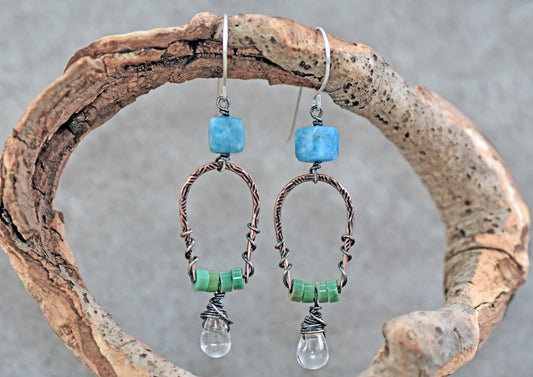 Apatite, Chrysoprase, Quartz Teardrop and Mixed Metal Dangle Earrings