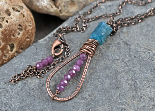 Apatite, Purple Ruby and Hammered Copper Necklace