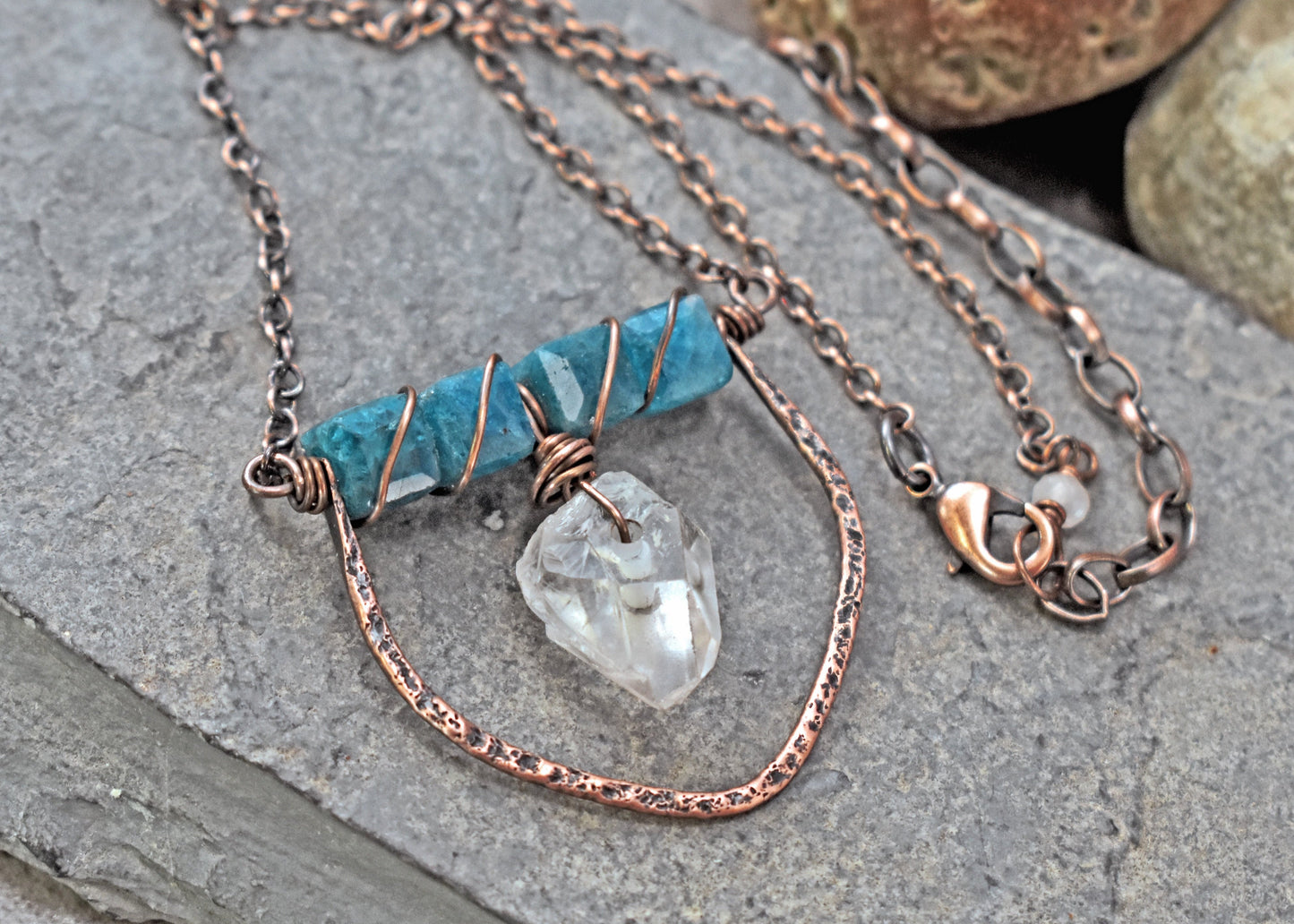 Bright Blue Apatite, Raw Quartz and Copper Wire Necklace, Rustic Unique Gemstone Jewelry