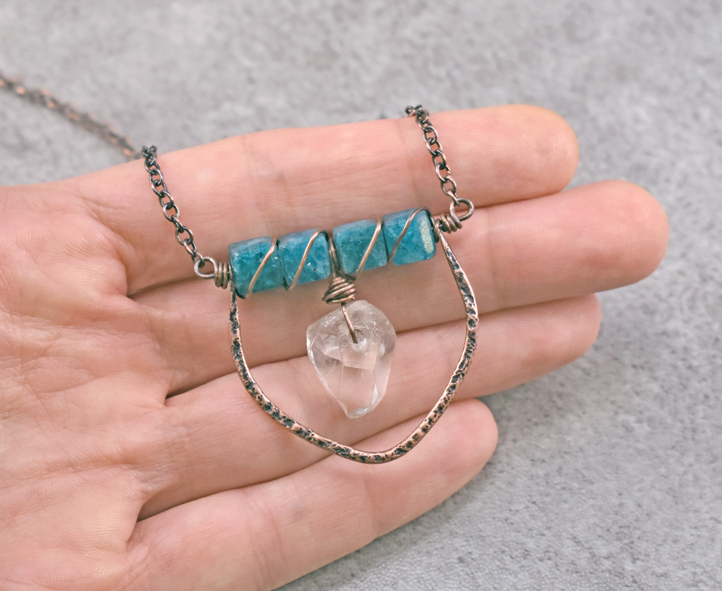 Bright Blue Apatite, Raw Quartz and Copper Wire Necklace, Rustic Unique Gemstone Jewelry