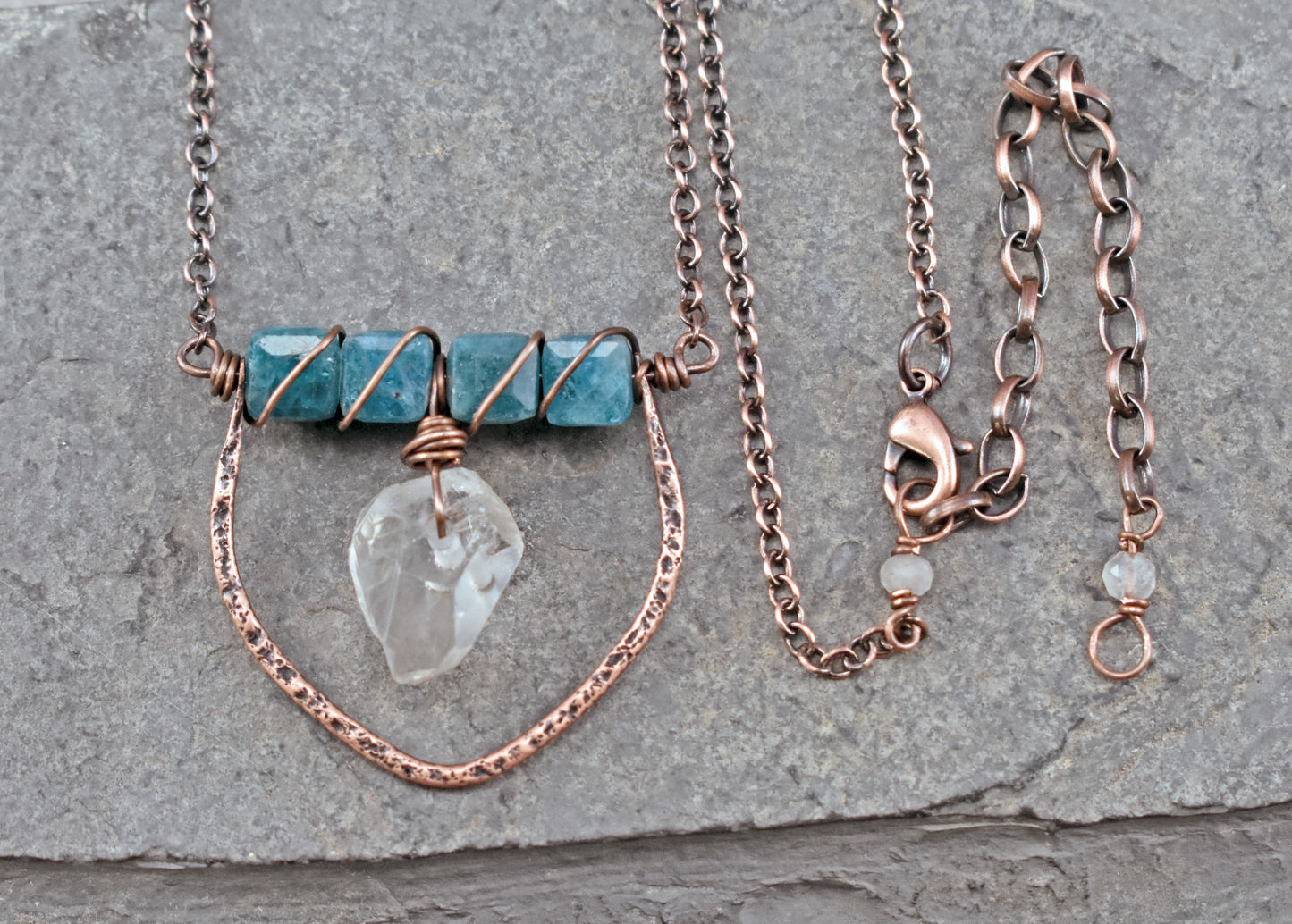 Bright Blue Apatite, Raw Quartz and Copper Wire Necklace, Rustic Unique Gemstone Jewelry