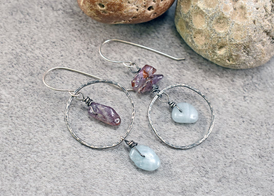 Aquamarine and Super Seven Asymmetrical Sterling Silver Earrings, Blue and Purple Handmade Jewelry