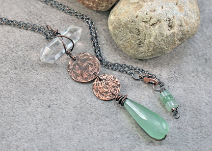 Aventurine Teardrop and Quartz Point Copper Necklace