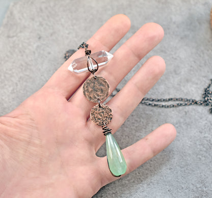 Aventurine Teardrop and Quartz Point Copper Necklace