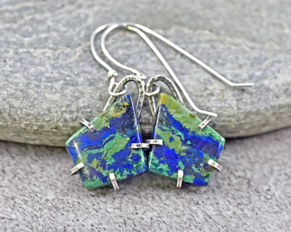 Azurite Malachite Sterling Silver Prong Set Dangle Earrings