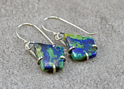 Azurite Malachite Sterling Silver Prong Set Dangle Earrings