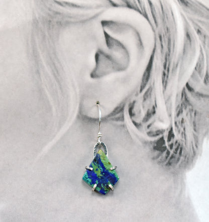 Azurite Malachite Sterling Silver Prong Set Dangle Earrings