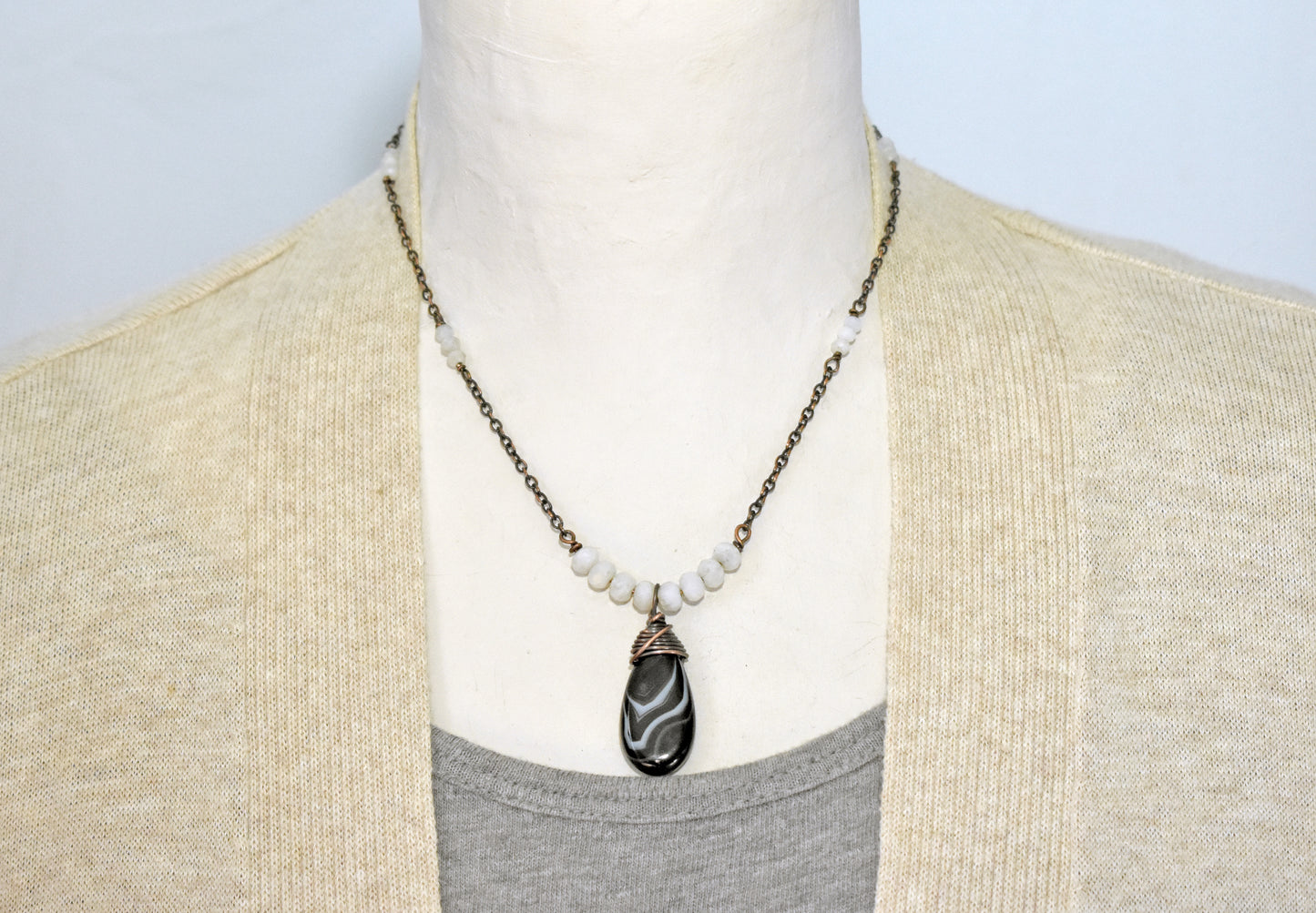 Black Agate, Moonstone and Copper Necklace, Black and White Gemstone Jewelry