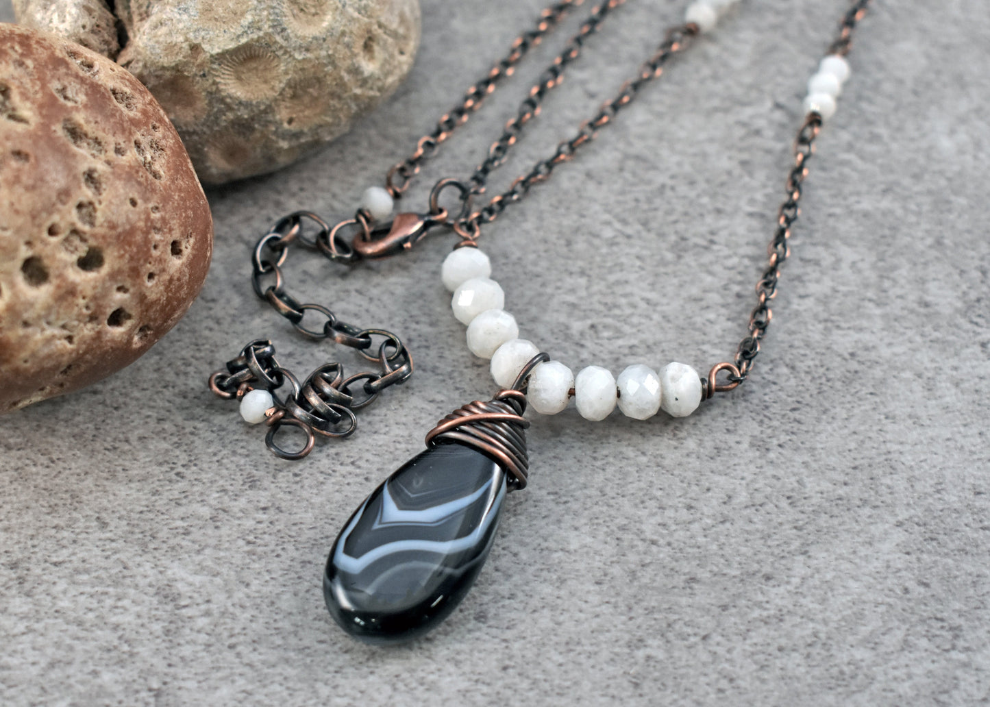 Black Agate, Moonstone and Copper Necklace, Black and White Gemstone Jewelry