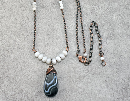 Black Agate, Moonstone and Copper Necklace, Black and White Gemstone Jewelry