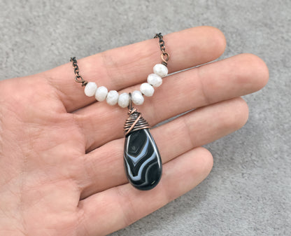 Black Agate, Moonstone and Copper Necklace, Black and White Gemstone Jewelry