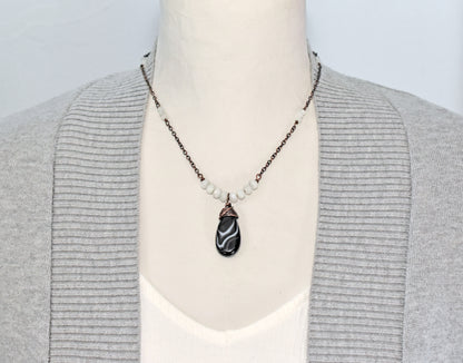 Black Agate, Moonstone and Copper Necklace, Black and White Gemstone Jewelry