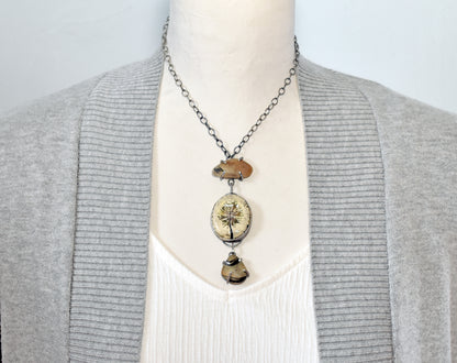 Ceramic and Lake Rock Statement Necklace, Rustic Earthy Silversmith Jewelry