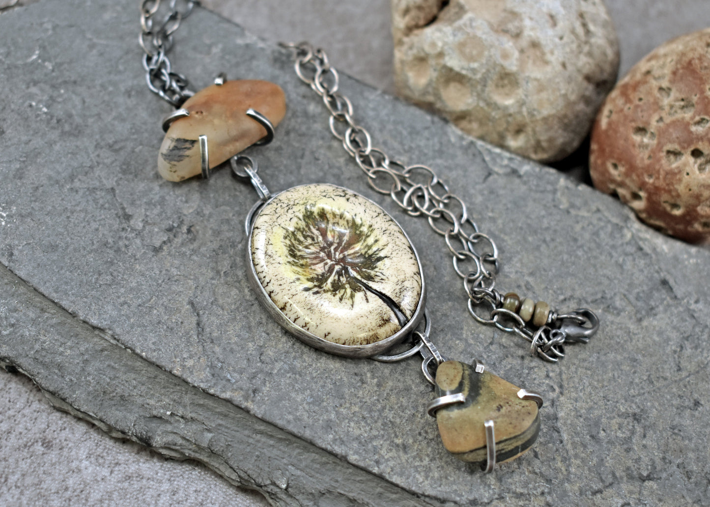 Ceramic and Lake Rock Statement Necklace, Rustic Earthy Silversmith Jewelry