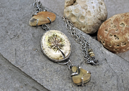 Ceramic and Lake Rock Statement Necklace, Rustic Earthy Silversmith Jewelry