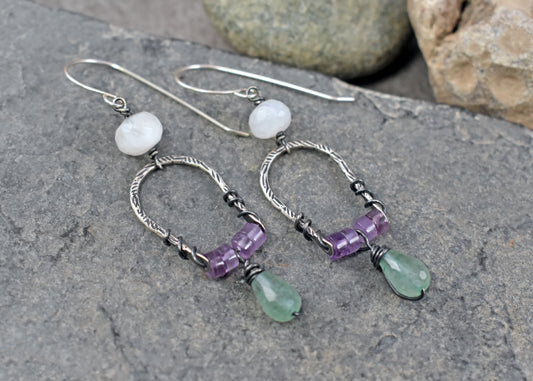 Amethyst, Moonstone, Green Chalcedony Earrings