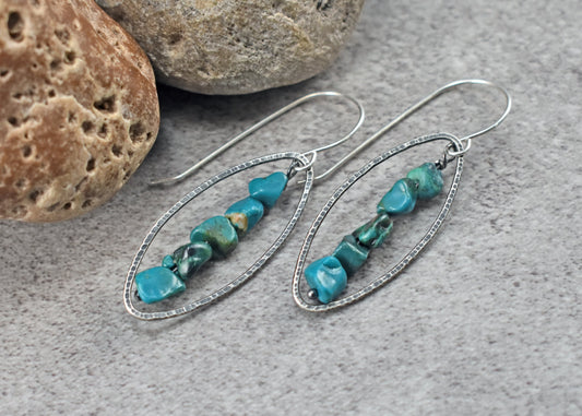 Chrysocolla Sterling Silver Wire Earrings, Rustic Boho Bright Blue Jewelry