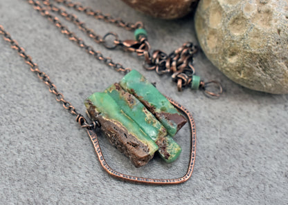 Chrysoprase and Copper Wire Necklace, Unique Handmade Natural Green Gemstone Jewelry