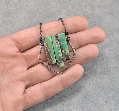 Chrysoprase and Copper Wire Necklace, Unique Handmade Natural Green Gemstone Jewelry