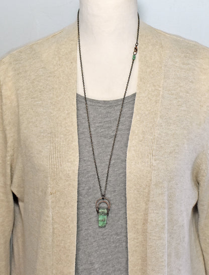 Chrysoprase and Copper Necklace, Unique Natural Green Stone Pendant, Rustic Handmade Jewelry