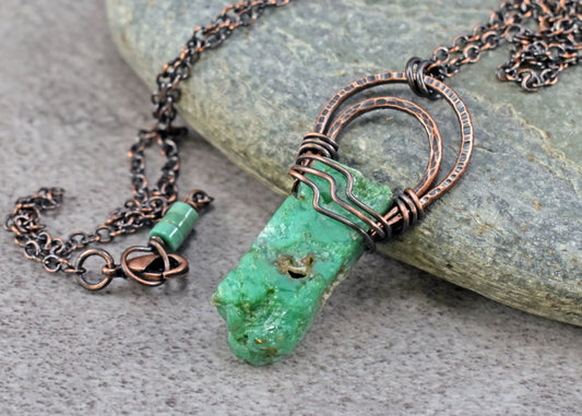 Chrysoprase and Copper Necklace, Unique Natural Green Stone Pendant, Rustic Handmade Jewelry