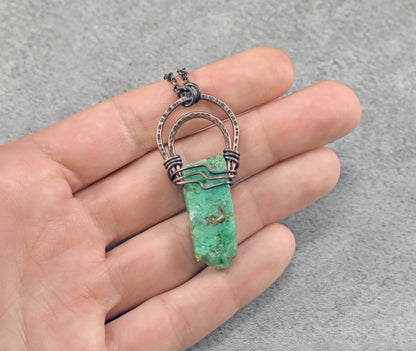 Chrysoprase and Copper Necklace, Unique Natural Green Stone Pendant, Rustic Handmade Jewelry