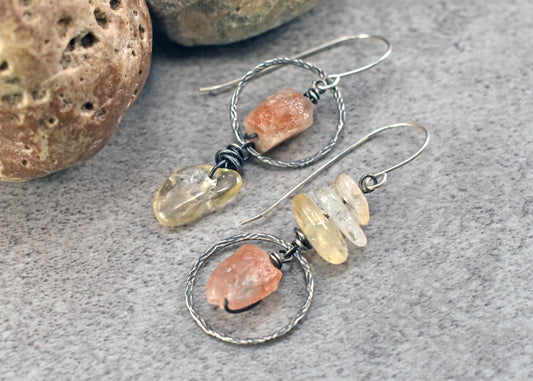 Raw Sunstone and Citrine Asymmetrical Sterling Silver Earrings, Orange and Yellow Handmade Jewelry