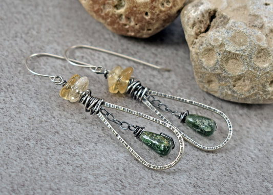 Citrine, Aventurine and Sterling Silver Earrings, Dark Green and Yellow Gemstone Dangles